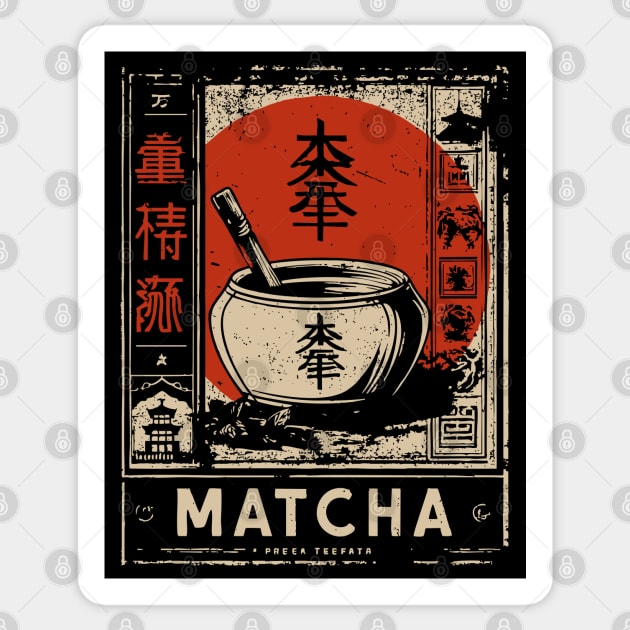 Matcha Tea Bowl Design in Retro Japanese Poster Style Sticker by TuncGK